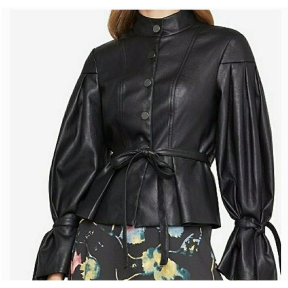 BCBGMAXAZRIA Black Faux Leather Pleated Sleeve Jacket Size Small